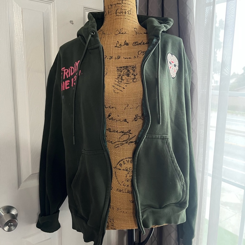 Green Friday the 13th Jason Hoodie with Graphic Patches *broken zipper*